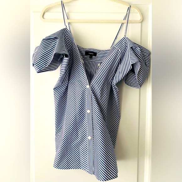 Theory Blue and White Striped Blouse - Picture 1 of 4